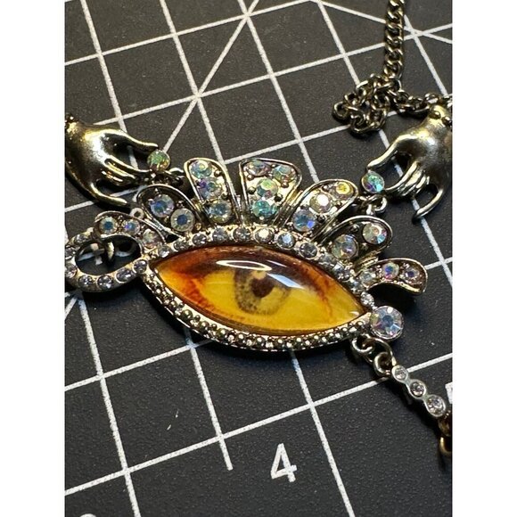 Gold tone rhinestone embellished evil eye pendant necklace creepy cute goth - Picture 3 of 5